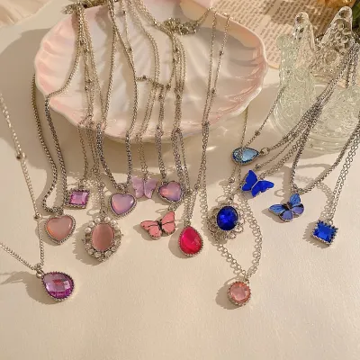 Colorful Shiny Zircon Crystal Heart Drop Necklace Set 